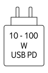 Das Gerät kann mit Netzteilen geladen werden, die eine Leistung zwischen 10 und 100 Watt USB PD liefern.