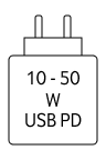 Das Gerät kann mit Netzteilen geladen werden, die eine Leistung zwischen 10 und 50 Watt USB PD liefern.