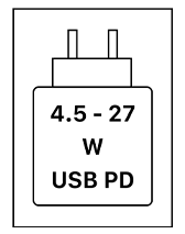 Das Gerät kann mit Netzteilen geladen werden, die eine Leistung zwischen 4,5 und 27 Watt USB PD liefern.