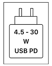 Das Gerät kann mit Netzteilen geladen werden, die eine Leistung zwischen 4,5 und 30 Watt USB PD liefern.