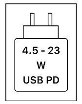 Das Gerät kann mit Netzteilen geladen werden, die eine Leistung zwischen 4,5 und 23 Watt USB PD liefern.