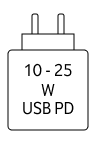 Das Gerät kann mit Netzteilen geladen werden, die eine Leistung zwischen 10 und 25 Watt USB PD liefern.