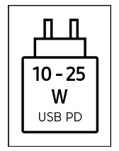 Das Gerät kann mit Netzteilen geladen werden, die eine Leistung zwischen 10 und 45 Watt USB PD liefern.