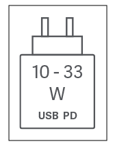 Das Gerät kann mit Netzteilen geladen werden, die eine Leistung zwischen 10 und 33 Watt USB PD liefern.