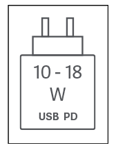 Das Gerät kann mit Netzteilen geladen werden, die eine Leistung zwischen 10 und 18 Watt USB PD liefern.